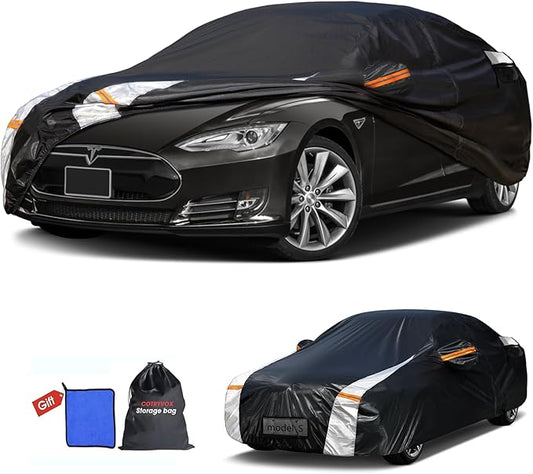 12-Layer Custom Fit Car Cover for Tesla Model S (2012-2026), Upgraded Waterproof All-Weather Full Exterior Cover with Door Zipper and Charging Port, for Snow Rain Dust and Sun UV Protection-Black.