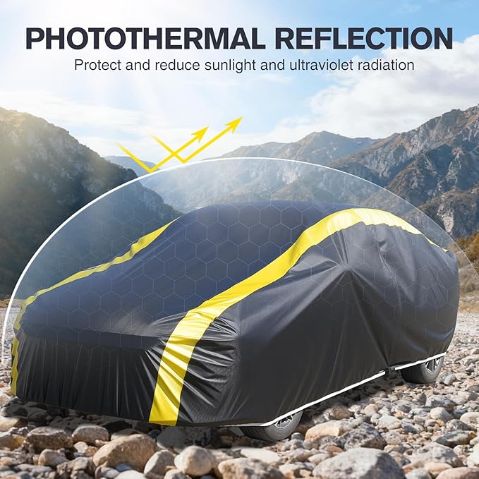 DINGHAO Car Cover Waterproof All Weather with Hot Stitching for Automobiles,6 Layers Outdoor Full Exterior Cover Sun UV Rain Snow Wind Protection Fit for 185"(185 * 73 * 59 inch) Sedan