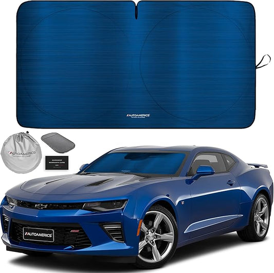 Autoamerics 1-Piece Windshield Sun Shade - Metallic Blue Foldable Car Front Window Sunshade for Most Cars SUV Truck Heat Blocker Visor Protector Blocks Max UV Rays and Keeps Your Vehicle Cool - Small