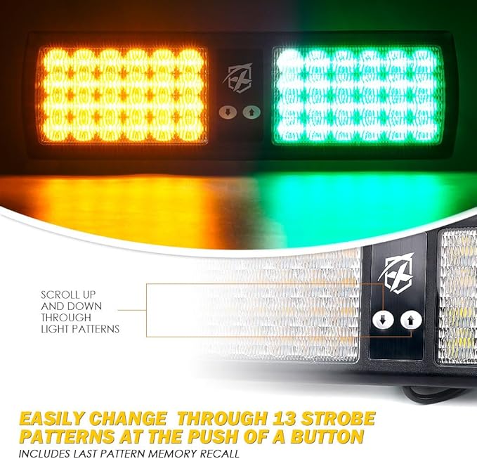 Xprite Amber Green 48LED Visor Strobe Flashing Lights Interior Windshield Sunshield Emergency Warning Lights for Police Volunteer Firefighter Vehicles Trucks