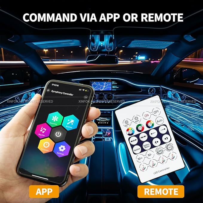 Acrylic Car Led Lights Interior, Universal RGB Ambient Lighting Car Kit,175 inch Neon Flexible Fiber Optic Led Strip Music Sync Lights,10 in 1 USB Power Dash Footwell DIY Mode