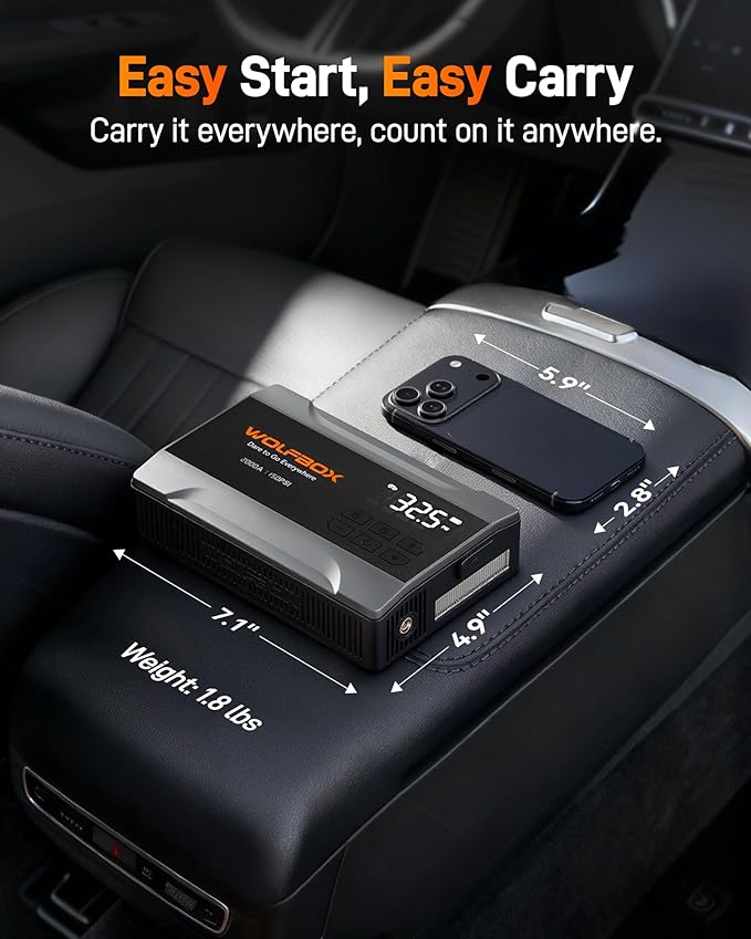 WOLFBOX 2000A Jump Starter with Air Compressor, 10000mAh Car Battery Jumper Starter Portable (up to 5L Gas Engine) with 150PSI Tire Inflator, 12V Jump Box with Jumper Cables, Boost, LED Light