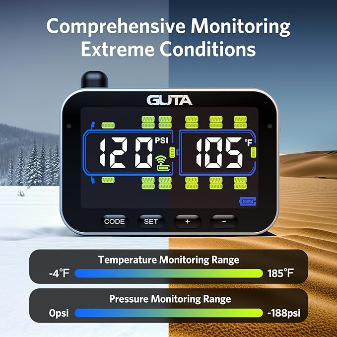 GUTA Trailer Tire Pressure Monitoring System, RV Tire Pressure Monitor with 4 Sensors, 6 Alert Modes, Power Saving Mode, Large Color Display, Long Sensing Distance, 0-188PSI TPMS for RV Trailer Semi
