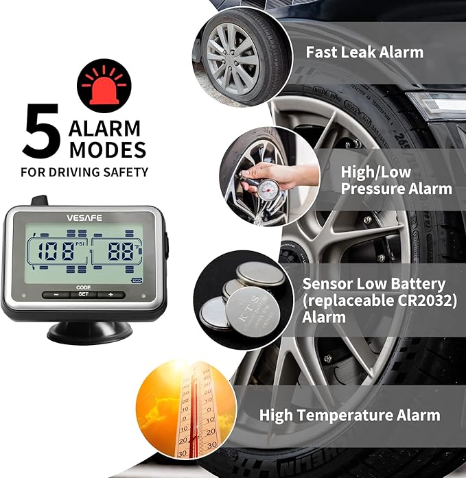 Vesafe TPMS, Wireless Tire Pressure Monitoring System for RV, Trailer, Coach, Motor Home, Fifth Wheel, Including a Signal Booster and 8 Anti-Theft sensors.