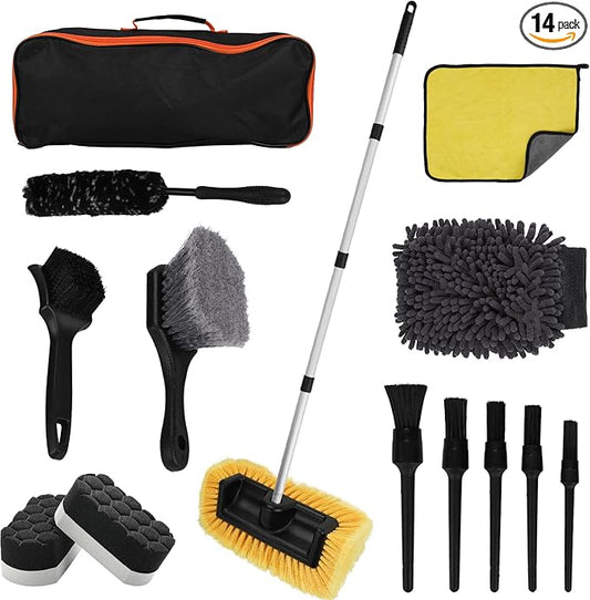 Vextronic Car Wash Kit - Car Wash Brush with Long Handle, Soft Bristle Wheel & Tire Brush, Microfiber Towel, Car Wash Mitt, Tire Shine Applicator Pad, Car Detailing Brush for Car RV SUV Truck