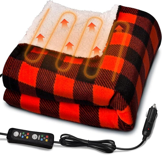 12V Car Heated Blanket 59"x39"Portable Heated Blanket for Travel with 4 Heating 4 Timing Settings Soft and Comfortable for Car SUV Camping (Black&Red)