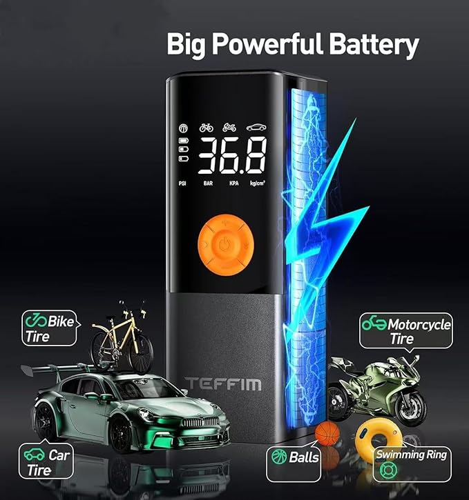 Tire Inflator Portable Air Compressor, Air Pump for Car Tires with LED Light, Cordless Tire Pump with Pressure Gauge,Tire Inflator for Car, Motorcycle, Bike