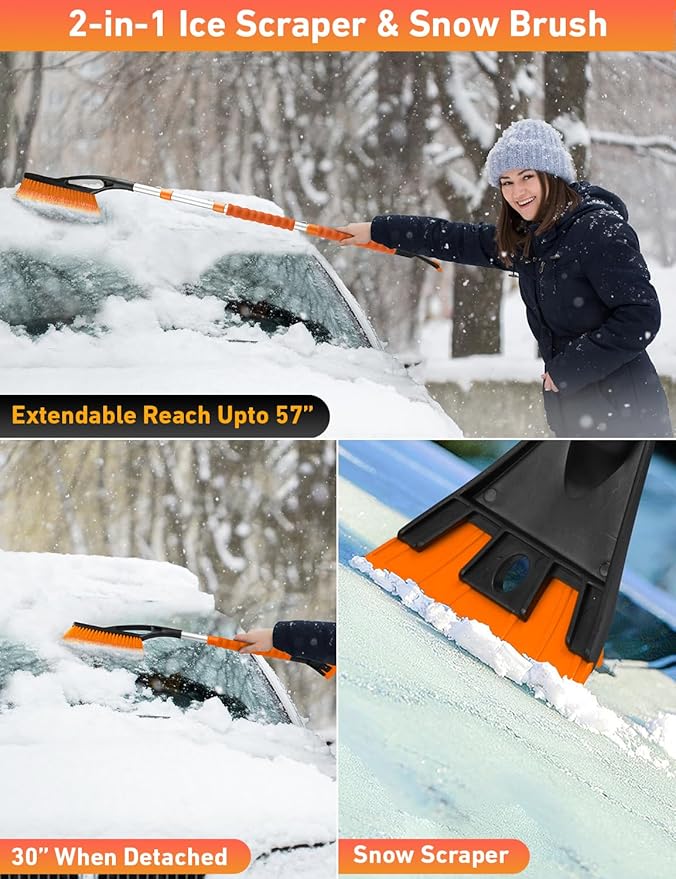 EcoNour 57" Detachable Snow Brush with Ice Scraper for Car Windshield and Window | 4-in-1 Design, Scratch-Free Bristles, EVA Foam Grip | Perfect Snow Accessories for SUVs, Trucks, and Jeeps
