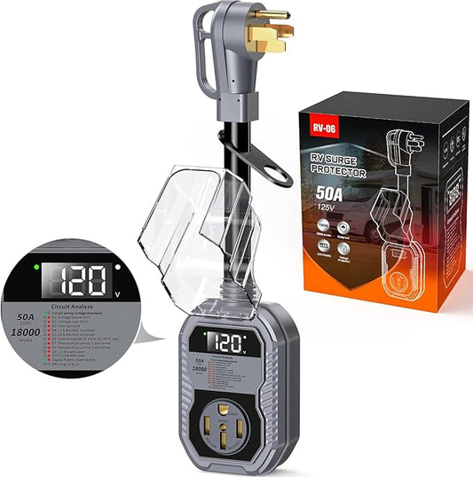 18,000J RV Surge Protector 50 Amp with LED Display, 50 Amp Surge Protector for RV with Voltage Monitoring, Clear Error Codes, Comprehensive Detection, IP68 Waterproof