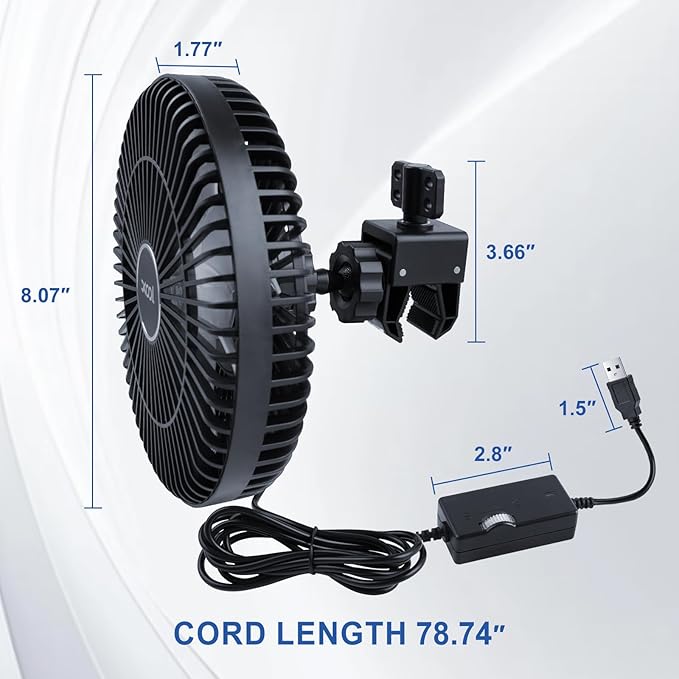 XOOL Clip On Fan, 9 Inches USB Car Fan for Front/Rear Seat Passenger, 360 Degree Rotatable Electric Cooling with Stepless Speed Regulation SUV, RV, Truck