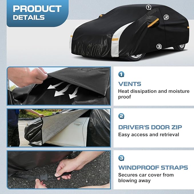 10 Layers Car Cover for Automobiles Waterproof All Weather, Full Exterior Cover with Repair Patches, Winter Rain Sun UV Protection, Fits Lexus ES, Cadillac CTS, Mercedes-Benz S-Class etc.