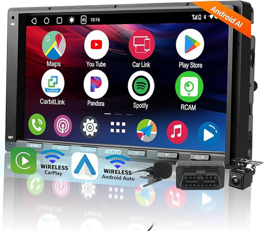 Android Double Din Car Stereo with Backup Camera & OBD2 Scanner, A6PF Ultra 2G+32G 7" Wireless CarPlay & Android Auto Radio with ChatGPT, LRV, WiFi/BT/USB Tethering, GPS Tracker,2 Bluetooth