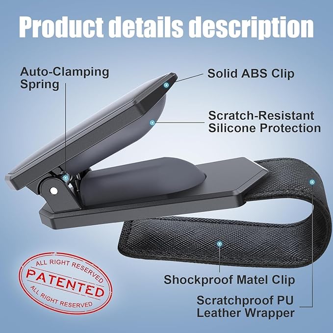 Veharvim One-Handed-Operation Sunglasses Holder for Car, Visor Sunglass Holder Clip, Car Accessories Interior, Universal Fit Silicone Padded Visor Sunglass Holder Car, Unmatched Durability (1 Pack)