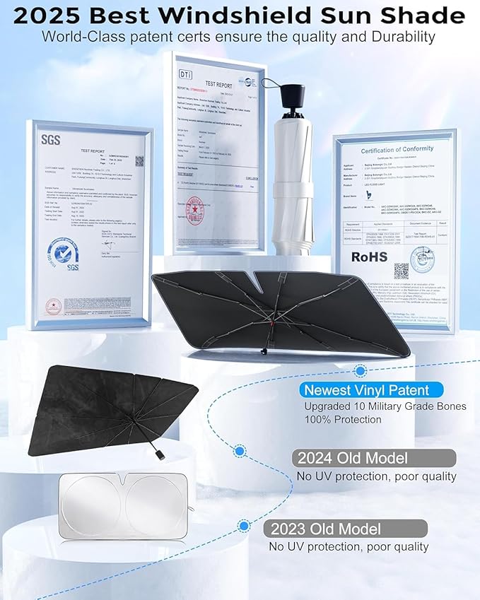 [2025 Upgrade] Weektic Windshield Sun Shade Umbrella for Car [Ultimate Cooling & Urethane Coated] Car Sun Shade Protect Interior from Sun Rays & Keep Cool, Small (53" L x 30" W)