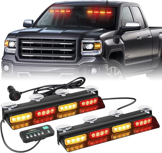 XRIDONSEN Amber Red Emergency Dash Strobe Lights Safety Flashing Warning Hazard Interior Front/Rear Windshield Deck Split Light Bar w/Digital Display Controller for Construction Vehicles Trucks