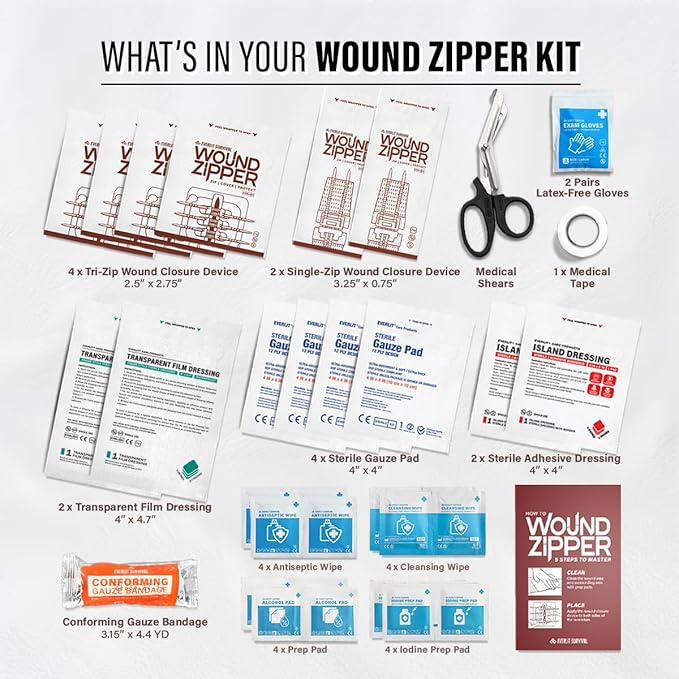 EVERLIT Wound Closure Kit | Surgical Zip-Stitch Devices for Cut & Laceration | Sterile, Suture-Free, Stitch-Less Adhesive Butterfly Bandages for Emergency First Aid Wound Care (6 Zip Complete Kit)