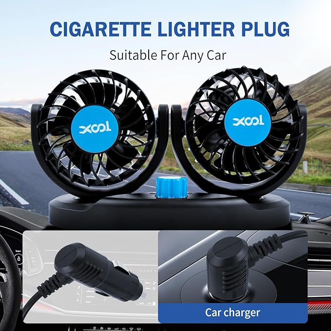 XOOL 12V Fan Car Fan, Adjustable Dual Head 3.5 Inches for Front Seat Passenger, 360° Rotatable Electric Car Cooling Fans with 2 Speed Regulation for SUV, RV, Vehicles