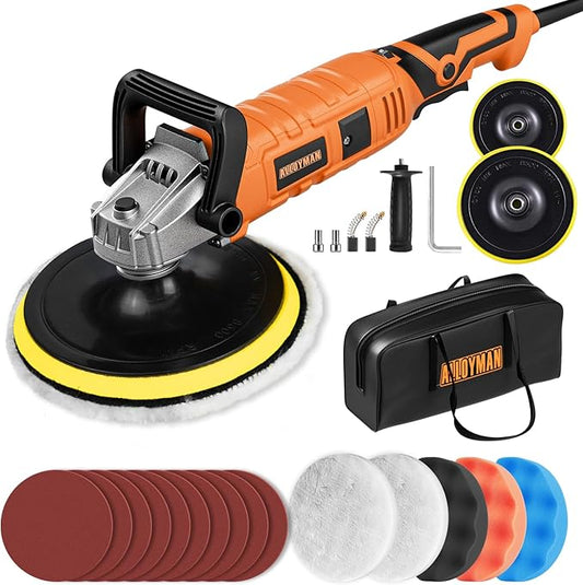 Alloyman 1200W Buffer Polisher Set, 7 Inch/6 Inch Car Detailing with 7 Variable Speeds 600-3000 RPM, Detachable Handle for Car, Boat Polishing & Waxing