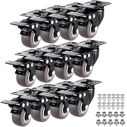 1.5" Casters Set of 12 Heavy-duty Industrial Caster Wheels with Brake PU No Noise Wheels with Double Locking and Double Ball Bearing Swivel Locking Casters for Workbench, Furniture, Plate Castors Grey
