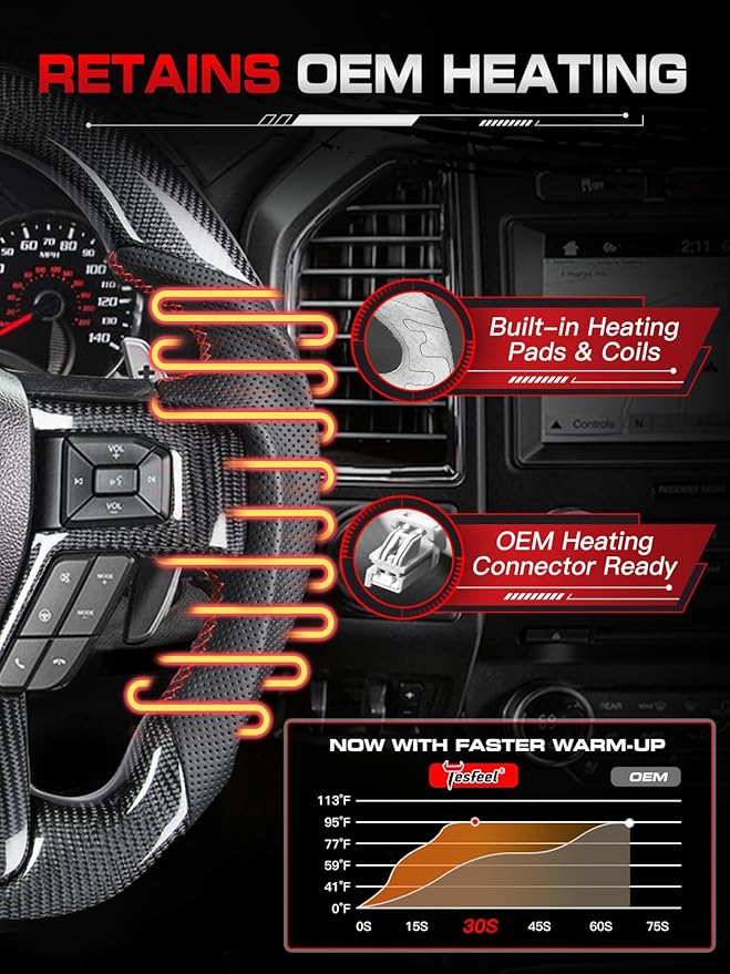 Steering Wheel for F150 Raptor 2015-2020 Real Carbon Fiber Double-D Design Red Stripe&Stitching with Heated Nappa Preforated Leather Grip Compatible with Raptor with Paddle Shifters