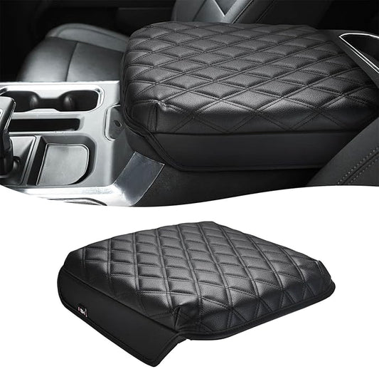 KBH Center Console Armrest Cover for Chevy Silverado & GMC Sierra 2019-2025, Tahoe & Suburban & Yukon 2021-2025, Vinyl Leather Trim, Bucket Seat, Black-Double Stitch