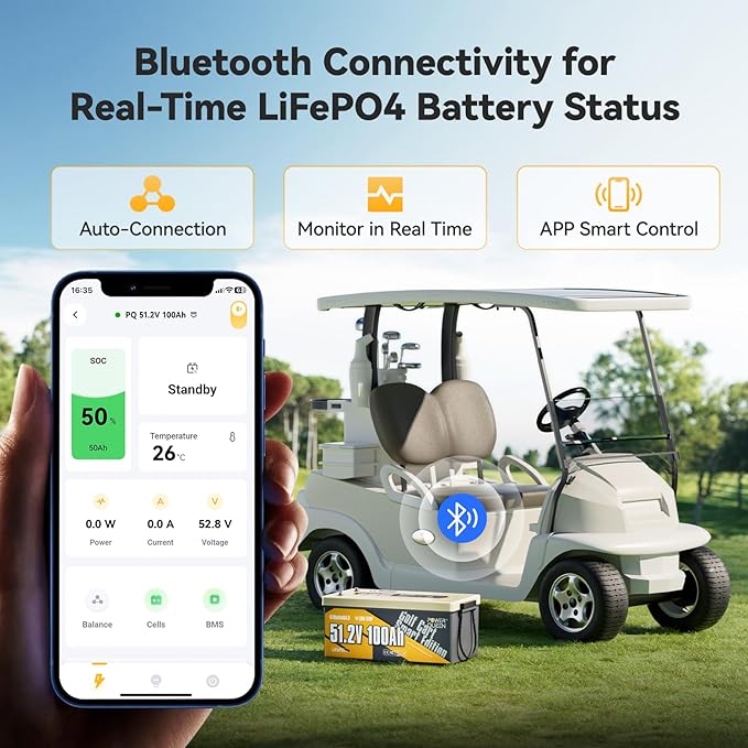 Power Queen LiFePO4 Battery 48V 100Ah Lithium Golf Cart Battery, Lithium Battery with Bluetooth 5.0, Built-in 200A Smart BMS with Low-temp Protection for 5kW Motor Golf Carts Club Car DS E-Z-Go TXT