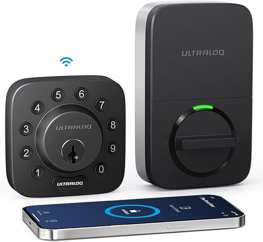 ULTRALOQ U-Bolt WiFi Smart Lock with Door Sensor, 7-in-1 Keyless Entry Door Lock, Built-in WiFi Deadbolt Front Door, App Remote Control No Hub, Auto Unlock, Easy Installation, IP65 Waterproof, Black