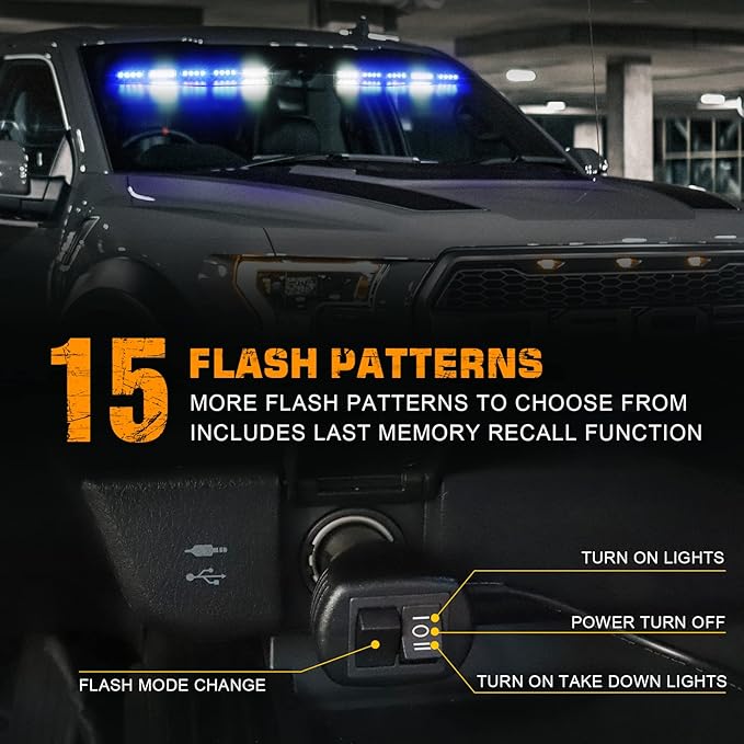 XRIDONSEN Blue White Emergency Visor Lights Warning Flashing Interior Windshield Strobe Lights Bar for Police Firefighter Vehicles Trucks w/Take Down, Deck Split Mount (34 inch, 40 LED)