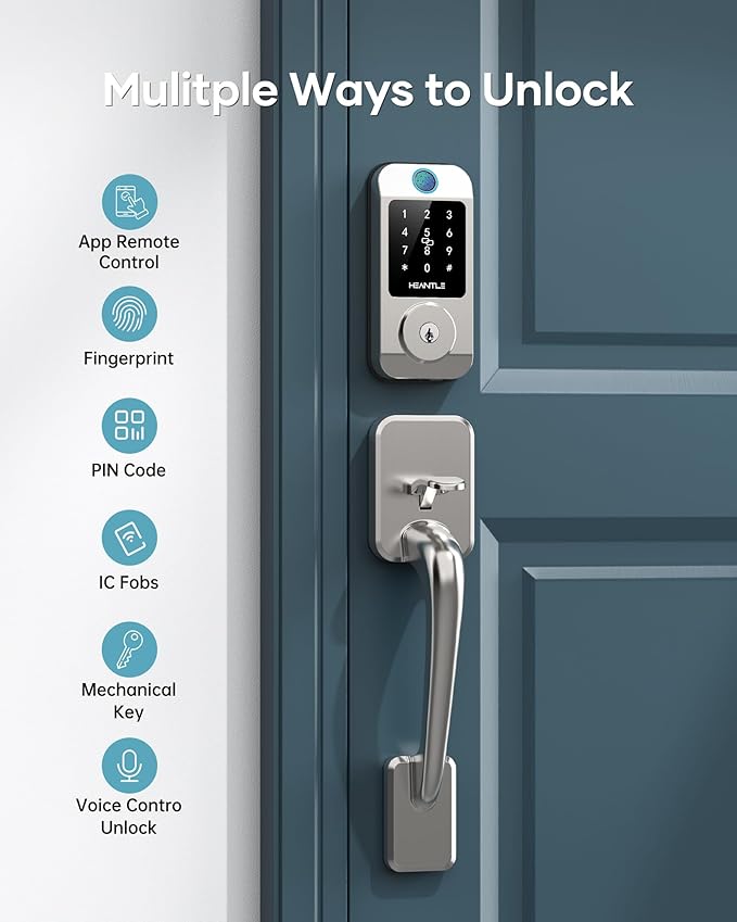 Wi-Fi Front Door Lock Set - HEANTLE Smart Locks for Front Door Built-in WiFi Keyless Entry Deadbolt with Handle Set Fingerprint Smart Electronic Deadbolt, Works with Alexa & Google Assistant Silver