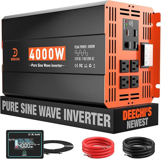 4000 Watt Pure Sine Wave Inverter 12V DC to 110V/120V AC Converter for RV/Truck/Home/Off-Grid Solar Car Power Inverter for Vehicles with 4 AC, 2 USB & 1 Type-C Ports, Hardwire Kit, Remote Controller