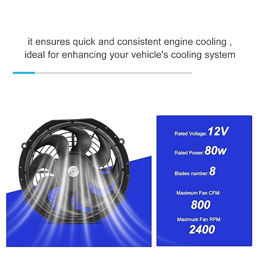 Universal 10 Inch Black Slim Radiator Cooling Fan 12V 80W Push Pull with Mount Kit – Fits Radiators for Vehicles, Cars, Trucks