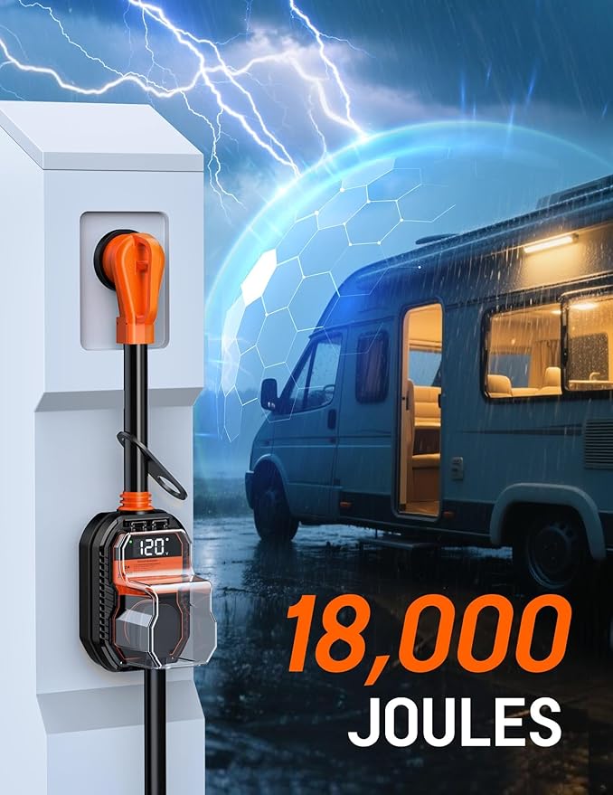 18,000J RV Surge Protector 50 Amp with LED Display, 50 Amp Surge Protector for RV with Voltage Monitoring, Clear Error Codes, Comprehensive Detection, IP68 Waterproof