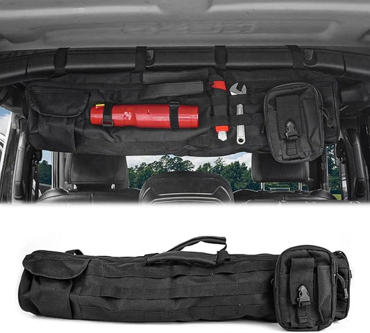 Guina Roll Bar Storage Bag with MOLLE System Compatible with Jeep Wrangler, Ford Bronco, UTV, ATV, SUV – Tactical Multi-Pocket Cargo Organizer, Detachable Pouch, Heavy-Duty 1000D Oxford