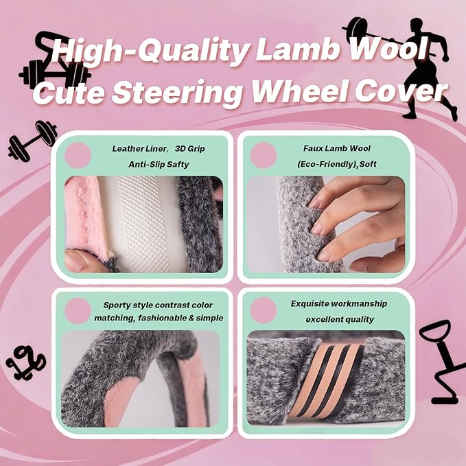 Universual Fluffy Fur Soft Fuzzy Steering Wheel Cover Leather Women Men Pink Sporty Cute 14 inch Car Accessories Non-Slip Decoration