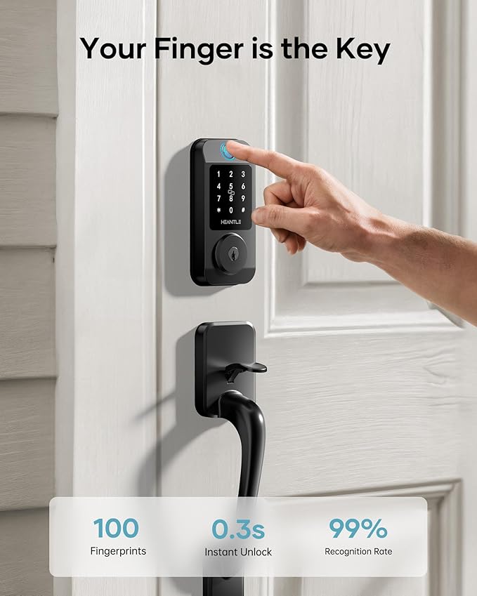 Wi-Fi Front Door Lock Set - HEANTLE Smart Locks for Front Door Built-in WiFi Keyless Entry Deadbolt with Handle Set Fingerprint Smart Electronic Deadbolt, Works with Alexa & Google Assistant Black