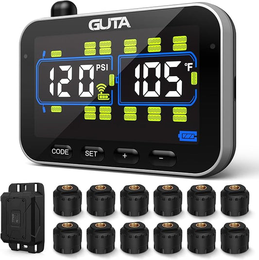 GUTA Trailer Tire Pressure Monitoring System, RV Tire Pressure Monitor with 12 Sensors, 6 Alert Modes, Signal Booster, Large Color Display, Long Sensing Distance, 0-188PSI TPMS for RV Trailer Semi