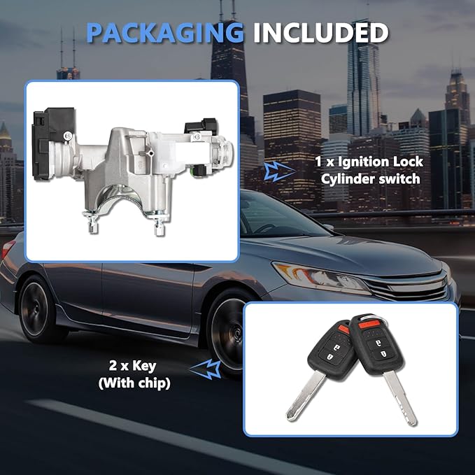 RAMATA Ignition Lock Cylinder Switch Compatible with 2013 2014 2015 2016 2017 Honda Accord 2.0L 2.4L 3.5L, Replace # 39730-T2A-A0, (with 2 Blank Chipped Remote Keys)