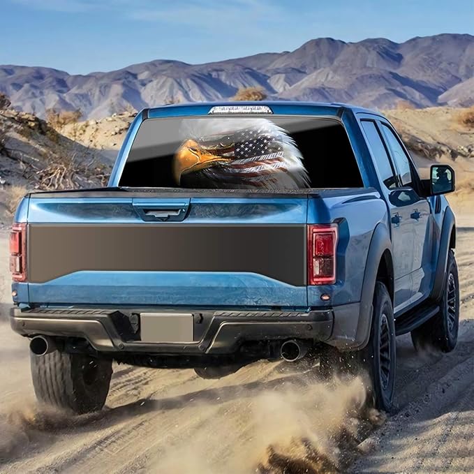 Truck Rear Window Perforated Decal Wrap Size 66" x 20" American Flag Eagle Graphic Vinyl Sticker Patriotic Decoration Fit Most Pickup Trucks SUV