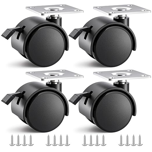 1.5 inch Caster Wheels, Casters Set of 4, Plastic Caster Wheels for Furniture, Plate Swivel Cart Casters with Brakes, File Cabinet Replacement Wheels (4 Pack Black)