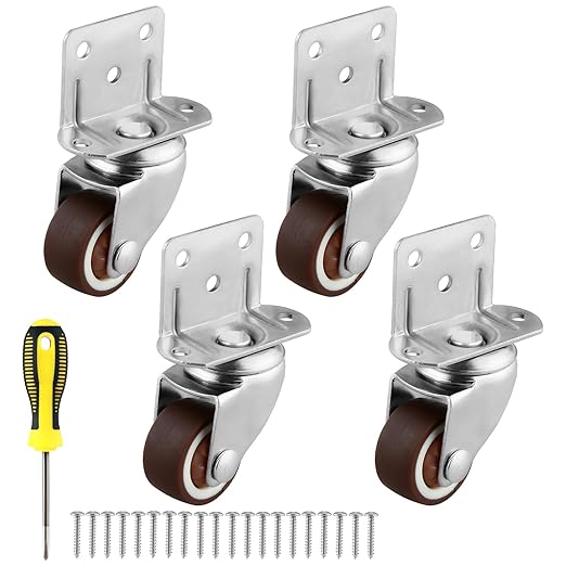 1.5 Inches Side Mount Caster Wheels Set of 4 L-Shaped Rubber Small Swivel Caster Heavy-Duty Double Plate Castor Without Brake Industrial Metal Wheel for Workbench, Furniture, Cabinet, Woodbox, Brown