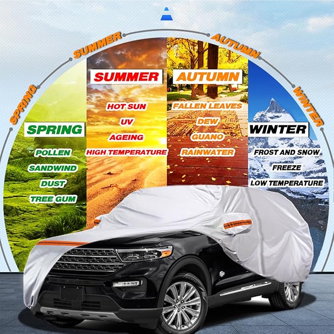 TUCAREST 6 Layers Full Car Cover for SUV- Waterproof, Insulated, Anti-UV, Snow-Proof, Anti-Wind, All-Weather, Thickened Protection, up to 178 in