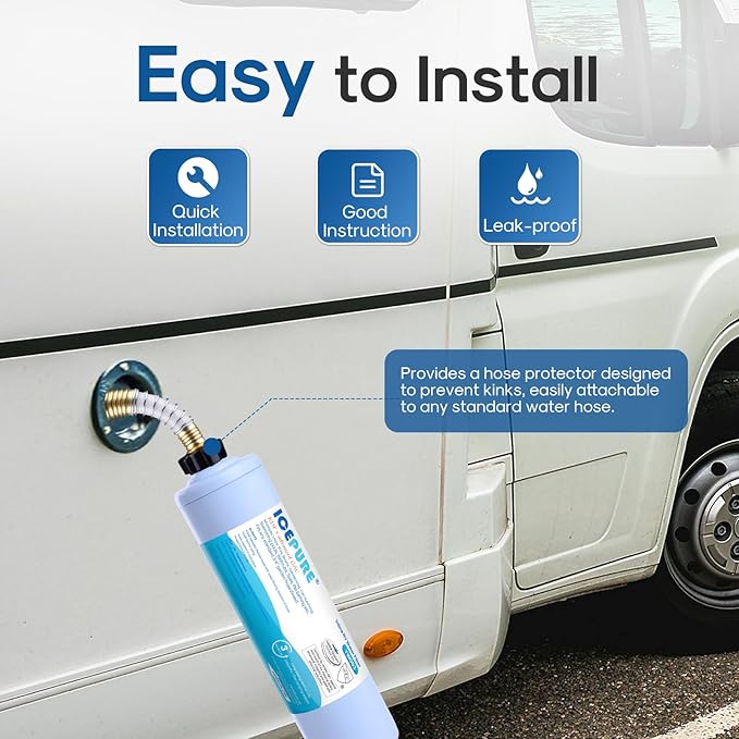 ICEPURE Inline Water Filter for Hose on RV Garden Pool Camper Marine Boat for Drinking, Car Washing, Gardening, Planting, Spa, Reduces Chlorine, Bad Taste, Odors, with 1 flexible hose protector, 1PACK