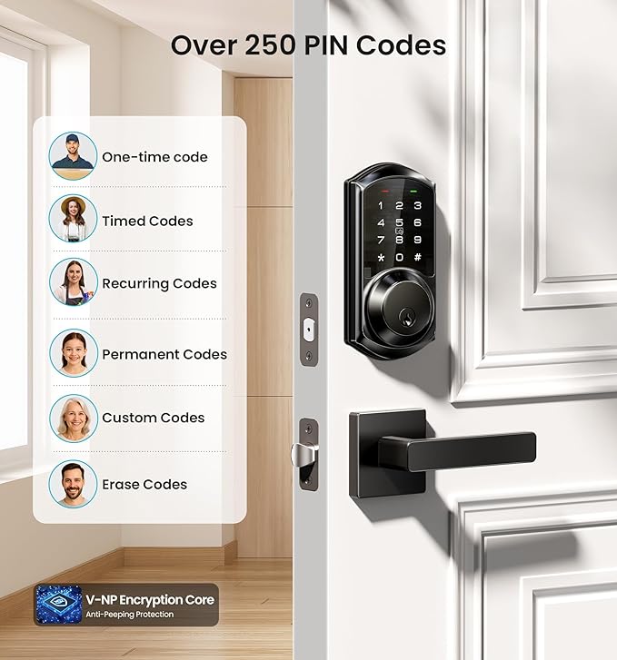 Veise VE06-L Smart Locks with 2 Lever Handle Set, App Control, Keyless Entry Deadbolt for Front Door, Electronic Digital Touchscreen Keypad, Auto Lock, Waterproof, Easy Installation, Matte Black