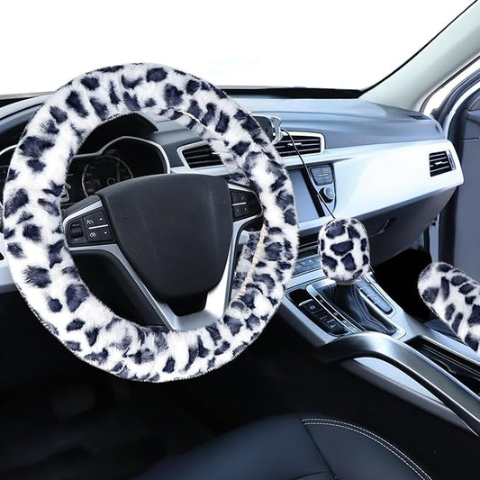 Accmor Fuzzy Car Steering Wheel Cover, Universal Fit Fur Auto Wheel Cover & Handbrake Cover & Gear Shift Cover Set, Leopard Winter Warm Fluffy Vehicle Wheel Protector Car Accessories for Men Women