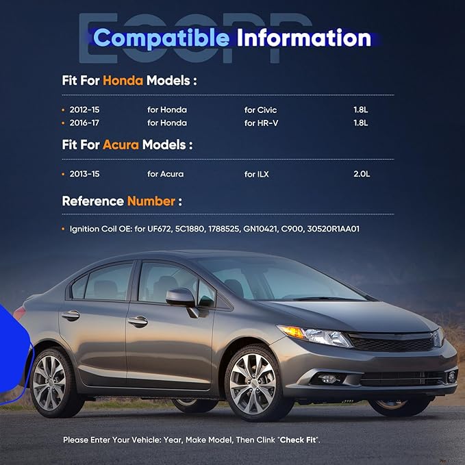 ECCPP UF672 4 ignition coils with 4 iridium Spark Plugs for Honda for Acura 2012 2013 2014 2015 Civic ILX 5C1880 GN10421 6732317