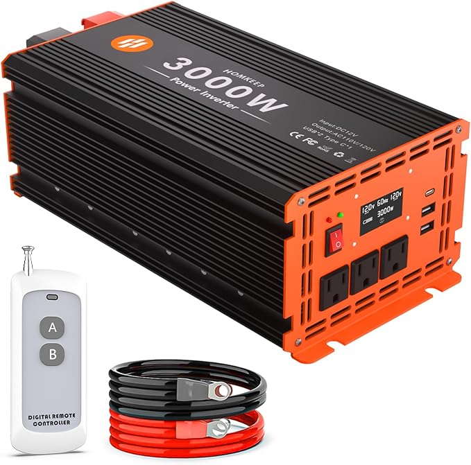3000 Watt Power Inverter 12V DC to 110V/120V AC Converter Peak Power 6000W Car Inverter with LCD Display 2 AC Outlets USB Port Cables Included for RV,Truck,Off-Grid Solar System Remote Controller