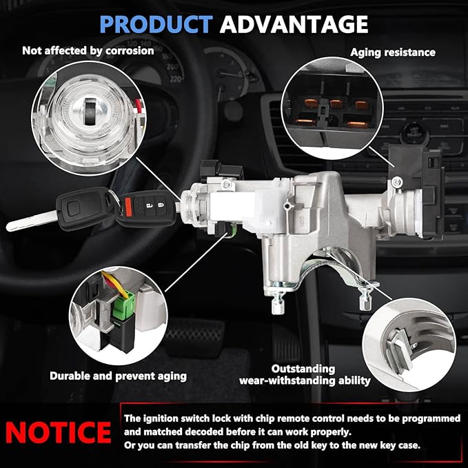 RAMATA Ignition Lock Cylinder Switch Compatible with 2013 2014 2015 2016 2017 Honda Accord 2.0L 2.4L 3.5L, Replace # 39730-T2A-A0, (with 2 Blank Chipped Remote Keys)