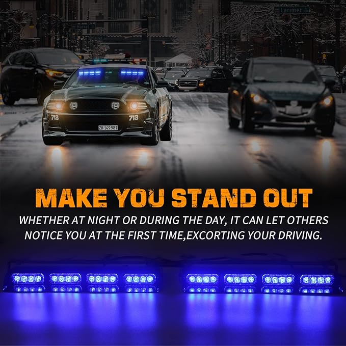XRIDONSEN Emergency Dash Strobe Lights Safety Flashing Warning Hazard Interior Front/Rear Windshield Deck Split Light Bar w/Suction Cups for Police Ambulance Vehicles Trucks（ 2x14 inch, Blue ）
