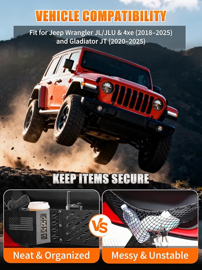 UNI-SHINE 2-Pack Metal Front Door Storage Box Fit for Jeep Wrangler JL JLU & 4xe 2018–2025, Fit for Gladiator JT 2020–2025, Door Pockets Organizer for Jeep Wrangler Sport Accessories