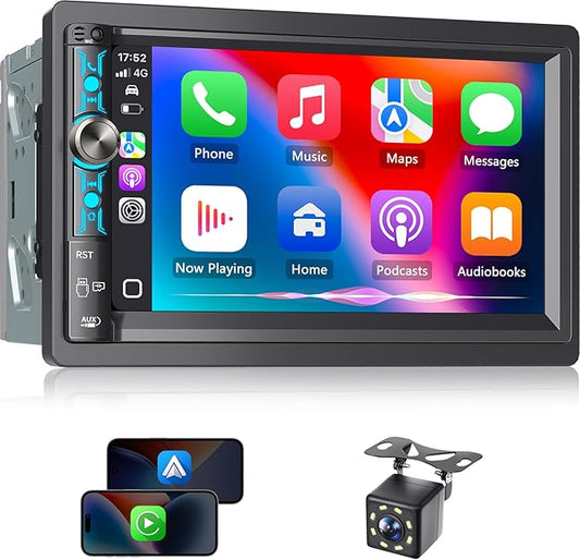 7" Double Din Car Stereo with Wireless Apple Carplay & Android Auto, Bluetooth, 240W, SWC, Subwoofer Out, Mirror Link, USB-C/AUX/TF, FM/AM Car Radio Receiver, Backup Camera